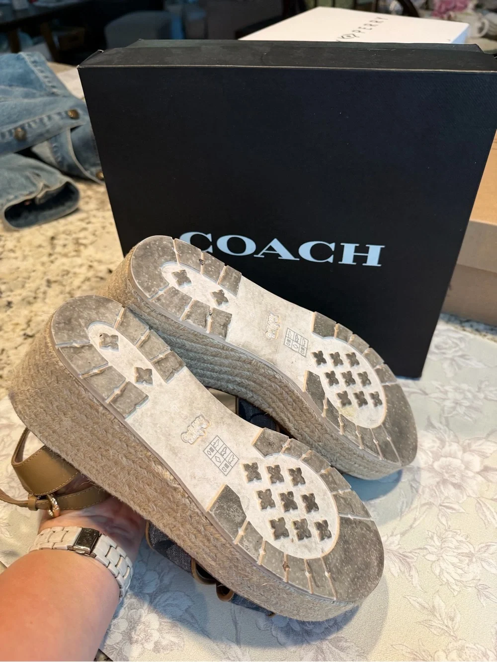 COACH Kimberly Espadrille Tan Leather & Signature Canvas Wedges